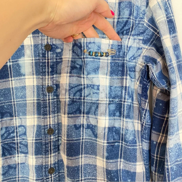 Handmade Boho Flannel Shirt Womens Small Denim Chambray Stencil Bleached Plaid - Picture 5 of 10